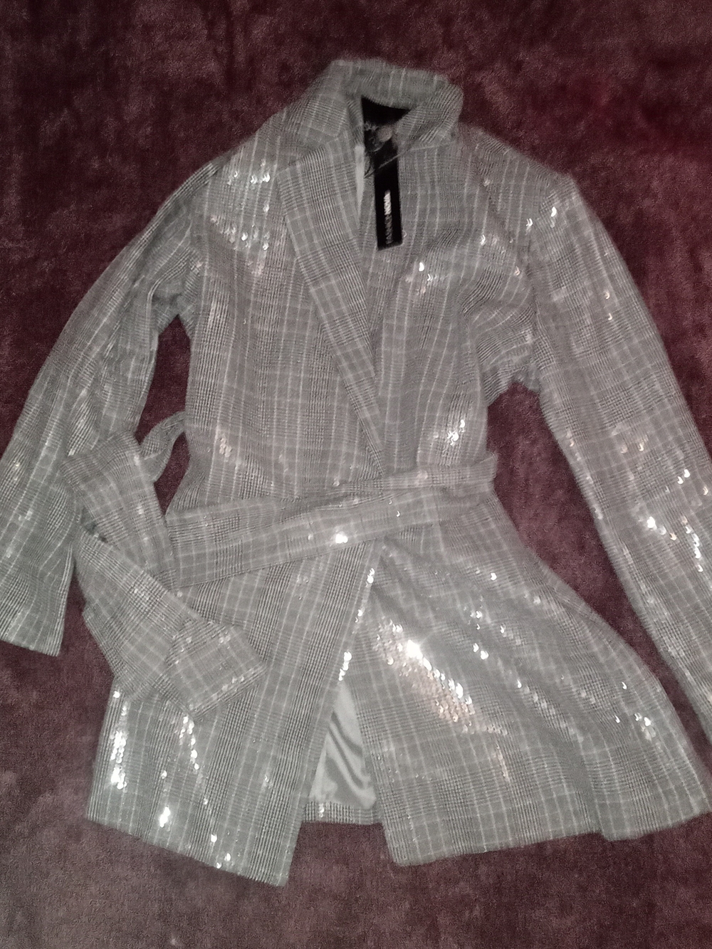 NWT Fashion Nova Gray Sequined Plaid Belted Blazer Jacket